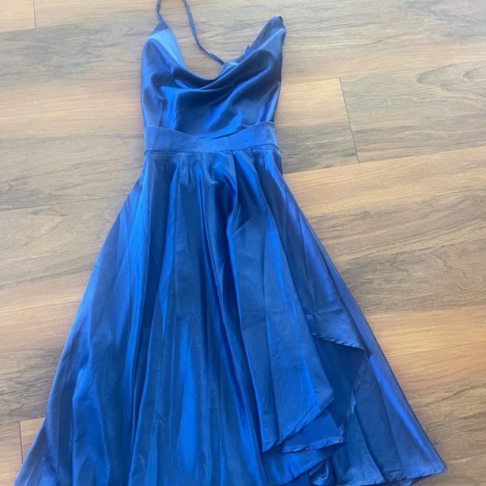 Cowl neck strap midnight navy blue asymmetrical midi dress Showpo
